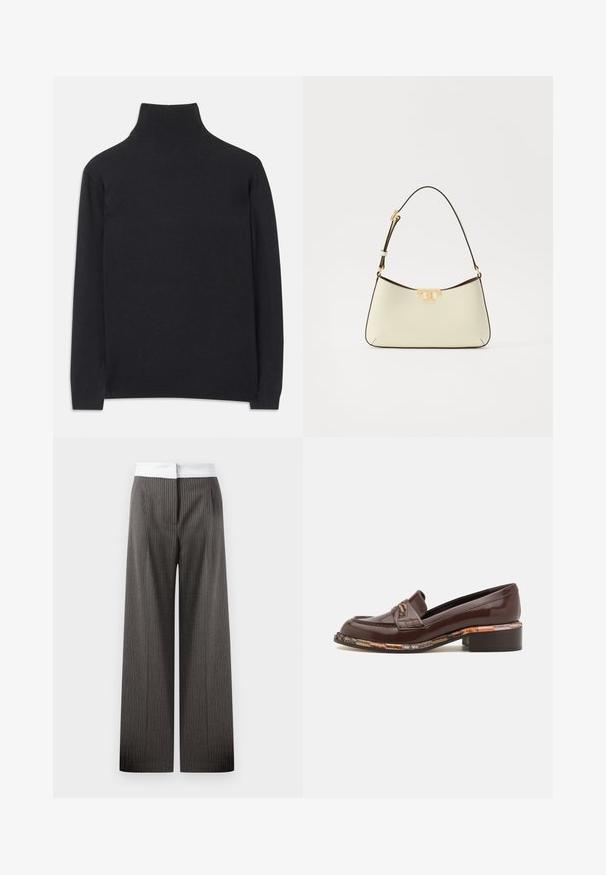 Pulover negru cu guler înalt, fabricat dintr-un material moale. Are mâneci lungi, un guler înalt și manșete și tiv cu dantelă pentru un aspect ajustat.; Pantaloni evazați în gri închis cu dungi verticale. Banda de talie este albă și elastică, creând un detaliu de contrast.; Missoni JO - Pantofi slip-on - brown; Geantă din piele de culoare crem, cu o formă curbată. Dispune de un accent cu logo aurit și o curea subțire, ajustabilă, de culoare închisă.