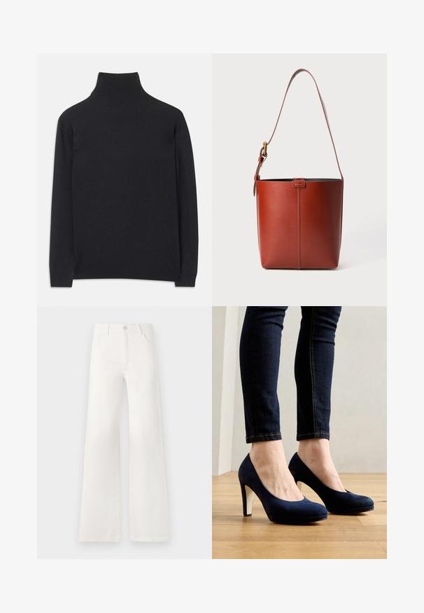 Fekete garbó pulóver puha anyagból. Hosszú ujjakkal, magas nyakkal és bordázott mandzsettákkal, valamint aljjal rendelkezik, ami karcsú megjelenést kölcsönöz.; Fehér, magas derekú, bő szabású farmernadrág. Gombos záródással, két elülső zsebbel és oldalsó varrásokkal rendelkezik, amelyek varrási részleteket tartalmaznak.; Tengerészkék velúr magassarkú cipők, lekerekített orral és kontrasztos fehér sarkakkal. Sötét farmer skinny nadrággal viselve egy fa padlón.; Barna bőr vödör táska állítható vállpánttal és aranyszínű csattal, egyszerű függőleges varrással az elején.