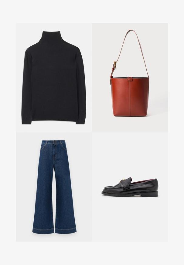 Crna rolka izrađena od mekanog materijala. Ima duge rukave, visoki ovratnik te rebraste rukave i donji rub za prilagodljiv izgled.; Široke plave traperice s visokim strukom, s kopčanjem na gumbe, petljama za remen i suptilnim detaljima šavova duž džepova i rubova.; Crni kožni loafers s ušivenim uzorkom, glatkom teksturom, detaljem zlatne kopče i zaobljenim vrhom, postavljeni na nisku crnu potplat.; Smeđa kožna torba u obliku kante s podesivim remenom za rame i zlatnim kopčanjem, jednostavna vertikalna šavova na prednjoj strani.