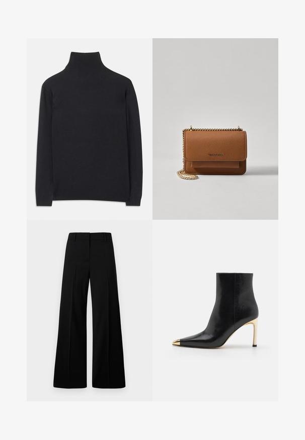 Svart høyhalset genser laget av mykt stoff. Den har lange ermer, høy hals og ribbestrikkede mansjetter og nederkant for en tettsittende look.; Sorte vide benbukser med en glat tekstur, struktureret talje og frontfoldninger. Minimalistisk design uten synlig utstyr.; Sorte lær støvlett med spiss tå, gullmetallkappe og en slank høy hæl. Glatt tekstur med et minimalistisk design.; Brun teksturert lær crossover-veske med gullkjede-stropp og klaffelukking. Fronten har logo-detalj og en lomme under klaffen.
