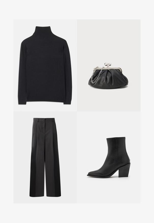 Pull à col roulé noir en tissu doux. Il dispose de manches longues, d'un col montant et de bords côtelés pour un look cintré.; Pantalon large noir avec une taille haute, doté de plis avant, d'une texture lisse et d'une finition ajustée. Conçu pour un ajustement décontracté.; Bottine en cuir noir avec un bout pointu, un talon carré et des détails subtils sur les côtés. Texture lisse avec un design minimaliste.; Porte-monnaie en cuir noir avec texture froncée, cadre en métal argenté, fermeture à verrouillage kiss-lock et bandoulière en chaîne. Surface lisse et douce.