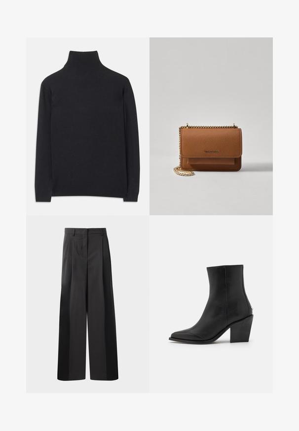 Must zwart pullovers, mis pehmeast kangast. Omab pikki varrukaid, kõrget kaelanupukest ning soonikute äärte ja alläärtega, et tagada mugav istuvus.; Mustad laiad püksid kõrge vöökohaga, millel on ees voldid, sile tekstuur ja õmmeldud viimistlus. Kujundatud lõdva istuvuse saavutamiseks.; Mustad must nahkvariant, millel on terav varvas, plokk-kand ja peenes külgmises detailides. Sile tekstuur koos minimalistliku disainiga.; Pruun tekstureeritud nahk ristkeha kott kuldse ahelaga rihmaga ja klapiga sulgemine. Esiküljel on logo detail ja tasku klapi all.