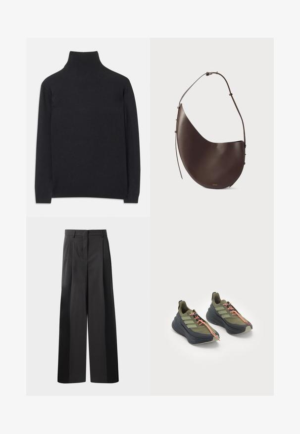 Zwarte coltrui gemaakt van zacht materiaal. Heeft lange mouwen, een hoge hals, en ribbelachtige boorden en onderkant voor een aansluitende look.; Zwarte wijde broek met hoge taille, met voorplooien, een gladde textuur en een nette afwerking. Ontworpen voor een ontspannen pasvorm.; Olijfgroene sport schoenen met zwarte accenten, dikke zolen en oranje veters. Bevat drie groene strepen aan de zijkant en een gestructureerde loopzool.; Bruine leren handtas met een gebogen vorm, enkele schouderband en minimalistisch ontwerp. Heeft een subtiel logo en gouden hardware accenten.