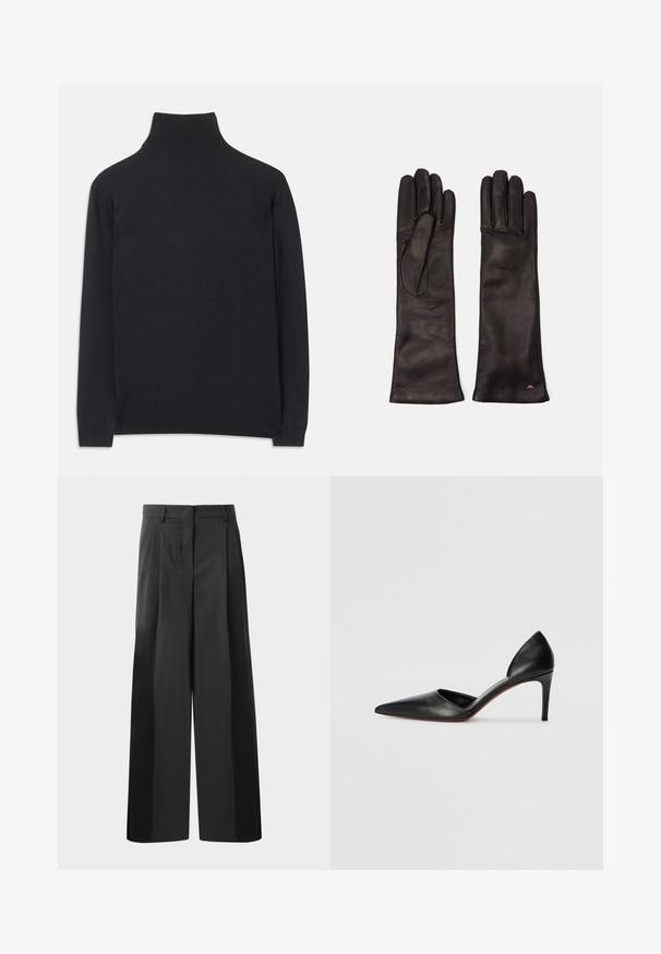 Black turtleneck sweater made of soft fabric. Features long sleeves, a high neck, and ribbed cuffs and hem for a fitted look.; Black wide-leg trousers with a high waist, featuring front pleats, a smooth texture, and a tailored finish. Designed for a relaxed fit.; Black leather high-heeled pumps with a pointed toe, open sides, and a sleek silhouette. Features a thin heel and red sole accent.; Weekend Max Mara SENAPE - Gloves - nero