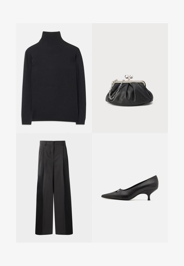 Pulover negru cu guler înalt, fabricat dintr-un material moale. Are mâneci lungi, un guler înalt și manșete și tiv cu dantelă pentru un aspect ajustat.; Pantaloni negri cu talie înaltă, cu picioare largi, având pliseuri frontale, o textură netedă și un finisaj croit. Concepuți pentru o croială relaxată.; GIABORGHINI DANA - Pantofi clasici cu toc - black; Clutch din piele neagră cu textură plisată, cadru din metal de ton argintiu, închidere tip kiss-lock și curea din lanț. Suprafață netedă și moale.