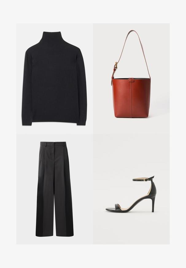 Črn pulover z visoko ovratnikom, izdelan iz mehkega materiala. Ima dolge rokave, visoko ovratnik ter rebraste manšete in rob, kar daje prilegajoč videz.; Črne široke hlače z visokim pasom, z oblikovanimi pregibi spredaj, gladko teksturo in natančno dodelavo. Oblikovane za sproščen fit.; Črne usnjene sandale s peto, ki imajo priponko za gleženj. Imajo gladko teksturo, odprt prst in tanek peto. Podrobnost z zlatim sponko.; Rjava usnjena torba v obliki vedra z nastavljivim ramenskim trakom in zlatim sponko, preprosta navpična šivna podrobnost spredaj.
