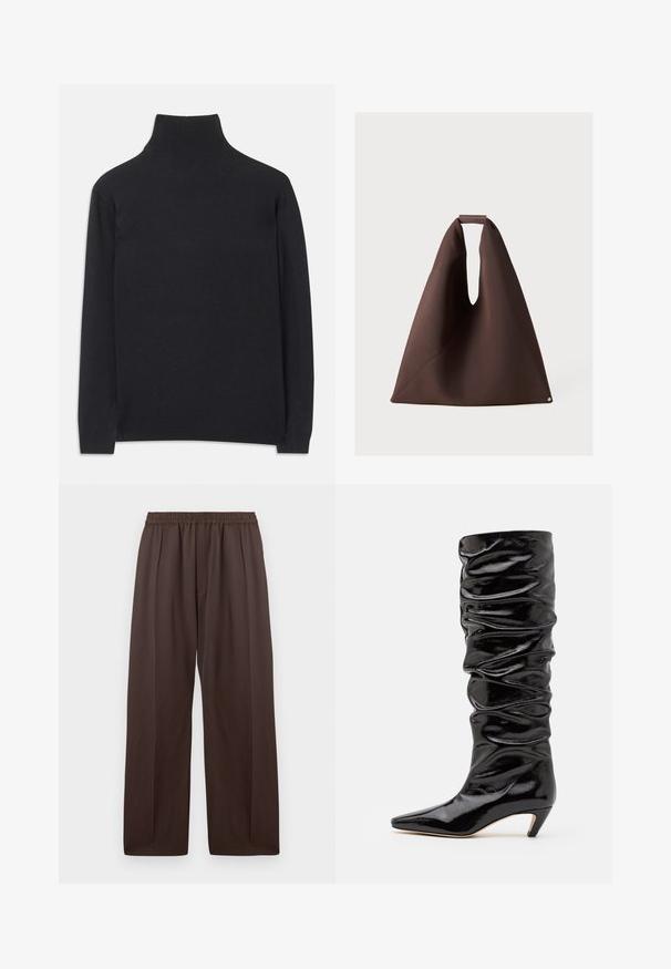 Black turtleneck sweater made of soft fabric. Features long sleeves, a high neck, and ribbed cuffs and hem for a fitted look.; Brown wide-leg trousers with elastic waistband and subtle front pleats, displayed flat against a white background.; Black, glossy knee-high boot with a ruched texture, pointed toe, and a low cone heel. Smooth material with subtle sheen.; Brown fabric tote bag with a unique shape, featuring a wide opening, textured surface, and a small circular accent at the base.
