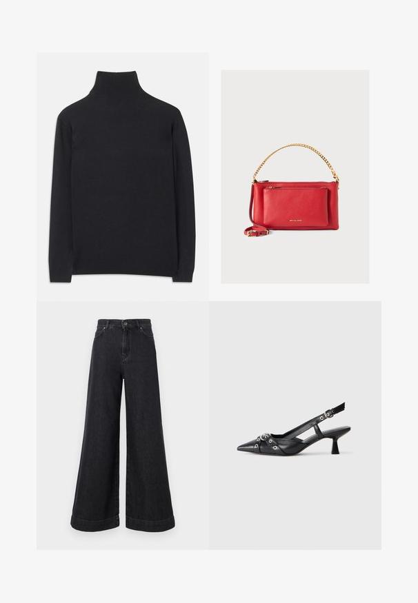 Crna rolka izrađena od mekanog materijala. Ima duge rukave, visoki ovratnik te rebraste rukave i donji rub za prilagodljiv izgled.; Široke crne traperice s visokim strukom, velikim džepovima i istaknutim rubom, s klasičnim kopčanjem na dugme i rajsferšlusom.; Crne kožne cipele s remenom oko pete, s izduženim vrhom, dekorativnim trakama s metalnim rupama i niskom blok petom. Teksturirana površina.; Crvena kožna torba s teksturiranom površinom, zlatnom lancem i remenom, prednjim džepom na zatvarač i utisnutim logom. Kompaktni i strukturirani dizajn.