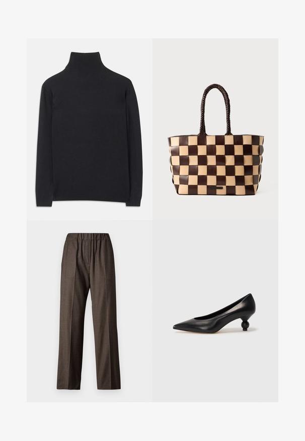 Black turtleneck sweater made of soft fabric. Features long sleeves, a high neck, and ribbed cuffs and hem for a fitted look.; Brown, checkered fabric trousers with an elastic waistband, straight-leg design, and side pockets. Textured surface with a subtle pattern.; Black leather high heel shoe with a pointed toe and a round, balled heel. Smooth texture with a sleek, minimal design.; Brown and beige leather tote bag with a woven checkerboard pattern and braided handles on a white background.