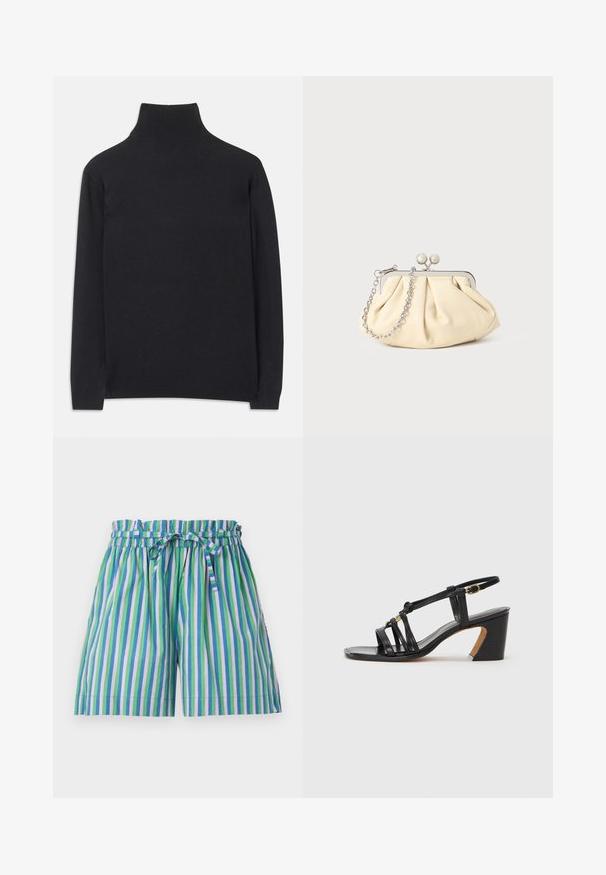 Melns augstais kakls džemperis no mīksta auduma. Tam ir garas piedurknes, augsts kakls un ribotas aproces un apakšmala, lai radītu pieguļošu izskatu.; MILLE CARY - Šorti - multicoloured; Paul Smith AMIRA - Klasiski papēži - black; Rūpīgi pleatota bežīga ādas somiņa ar sudraba metāla rāmi, kurai ir divas apaļas dekoratīvas sprādzes un sudraba ķēdes siksna.