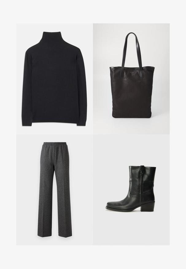 Maglione a collo alto nero realizzato in tessuto morbido. Caratterizzato da maniche lunghe, un collo alto e polsini e orlo a coste per un look aderente.; Pantaloni a gamba larga grigi in tessuto testurizzato con cintura elastica, caratterizzati da un delicato motivo a spina di pesce. Tessuto morbido con una vestibilità comoda.; Stivale ankle in pelle nera con punta arrotondata, tacco a blocco, cerniera laterale e dettagli in cucitura sulla tomaia. Texture liscia, design classico.; Borsa tote in tela nera con manici in pelle nera. Design semplice, corpo spazioso e texture liscia. Nessun logo o motivo visibile.