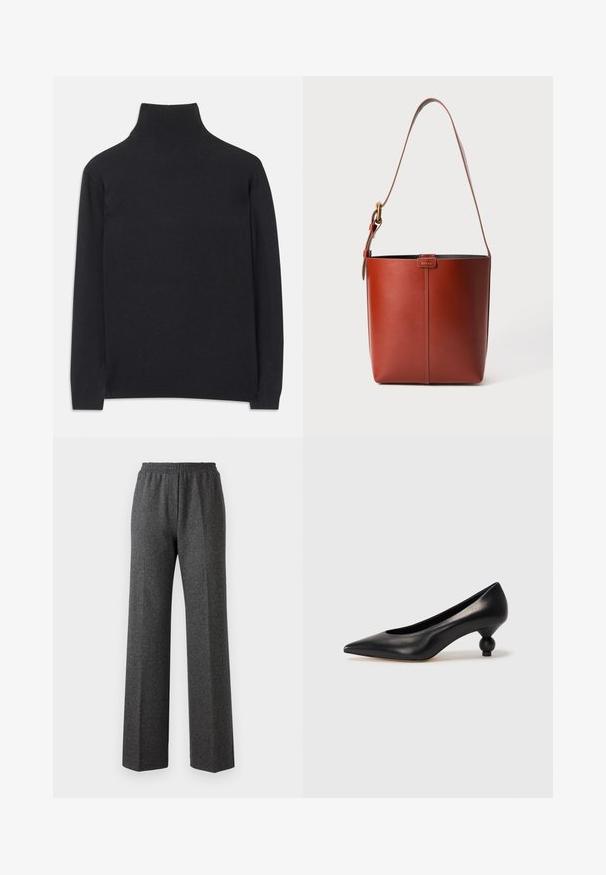 Pulover negru cu guler înalt, fabricat dintr-un material moale. Are mâneci lungi, un guler înalt și manșete și tiv cu dantelă pentru un aspect ajustat.; Pantaloni largi texturati gri, cu talie elastică, prezentând un model discret în herringbone. Material moale și o croială lejeră.; Pantofii cu toc înalt din piele neagră, cu vârf ascuțit și toc rotund, mimos. Textură netedă, cu un design elegant și minimalist.; Geantă de mână din piele maro, cu m解除at la umăr reglabil și cataramă aurie, detaliu simplu cu cusătura verticală pe față.