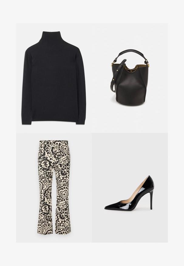 Maglione a collo alto nero realizzato in tessuto morbido. Caratterizzato da maniche lunghe, un collo alto e polsini e orlo a coste per un look aderente.; Pantaloni a palazzo realizzati in un tessuto leggero, con un motivo floreale nero e crema che include cuori e foglie, e una texture liscia.; Décolleté in pelle verniciata nera con design a punta e silhouette elegante. Presenta una finitura liscia e lucida e un tacco a stiletto sottile.; Borsa a secchiello in pelle nera con finitura testurizzata, dettagli in metallo dorato e apertura superiore. Presenta una maniglia corta e una tracolla regolabile.