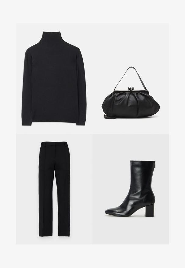 Melns augstais kakls džemperis no mīksta auduma. Tam ir garas piedurknes, augsts kakls un ribotas aproces un apakšmala, lai radītu pieguļošu izskatu.; Melni, pieguļoši bikses ar taisnu kāju dizainu, ar priekšējiem izliečiem un plakanu vidukļa joslu. Izgatavotas no gludas, teksturētas auduma.; Melna ādas potītes zābaks ar norādītu purngalu un 4 cm bloku papēdi. Gluds dizains ar sānu rāvējslēdzēju vieglai uzvilkšanai. Gluda tekstūra.; Melna ādas rokassoma ar noapaļotu, krokotu dizainu. Iezīmes metāla aizdare ar diviem dekoratīviem lodīšiem un plānu, noņemamu siksnu.