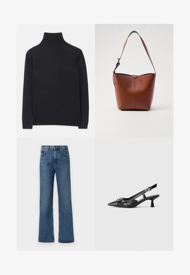 Svart polotröja i mjukt tyg. Har långa ärmar, hög krage och ribbade ärmar och nederkant för en figurnära look.; Ljusblå jeans med vida ben gjorda av denim. Har hög midja, femficksdesign och kontrastsömmar över hela plagget. Klassisk knappstängning.; Svart lädersko med slingback-design, spetsig tå, dekorativa remmar med metallöglor och en låg klack. Texturerad yta.; Brun läderaxelväska med en böjd form, slät yta och ett enda tunt band. Har en subtil söm och en liten logotypdetalj.