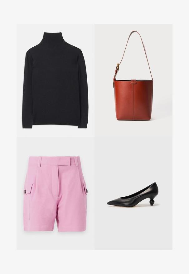 Fekete garbó pulóver puha anyagból. Hosszú ujjakkal, magas nyakkal és bordázott mandzsettákkal, valamint aljjal rendelkezik, ami karcsú megjelenést kölcsönöz.; Világos rózsaszín rövidnadrág, amelynek szabott kialakítása van, sima eleje, oldalsó zsebek gombzárakkal, valamint sima szövetű textúra.; Fekete bőr magassarkú cipő, hegyes orral és kerek, gömbölyű sarokkal. Simább textúrával, elegáns, minimalista dizájnnal.; Barna bőr vödör táska állítható vállpánttal és aranyszínű csattal, egyszerű függőleges varrással az elején.