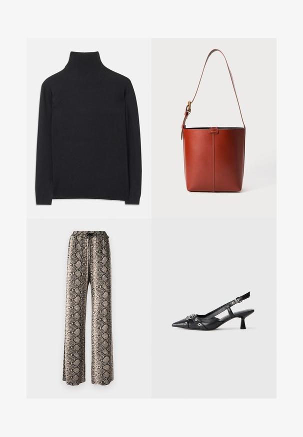 Black turtleneck sweater made of soft fabric. Features long sleeves, a high neck, and ribbed cuffs and hem for a fitted look.; Wide-leg trousers in a snake print pattern, featuring a drawstring waist, made of lightweight fabric in beige, black, and brown tones.; Black leather slingback shoe with a pointed toe, decorative straps featuring metal eyelets, and a low block heel. Textured surface.; Brown leather bucket bag with adjustable shoulder strap and gold-tone buckle, simple vertical seam detail on front.