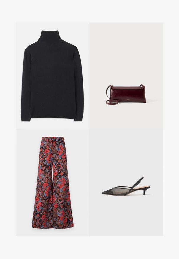 Must zwart pullovers, mis pehmeast kangast. Omab pikki varrukaid, kõrget kaelanupukest ning soonikute äärte ja alläärtega, et tagada mugav istuvus.; Laiad püksid mustast kangast, mis on kaunistatud erksate lillemotiividega punases ja sinises, ning mugavuse tagamiseks elastse vöökohaga.; NEOUS IRENA - Klassikalised kontsakingad - black; Burgundia nahast õlakott, millel on sile tekstuur, ristkülikukujuline kuju, klappkinnitus ja õhuke reguleeritav rihm. Nähtav kuldne logo detail.