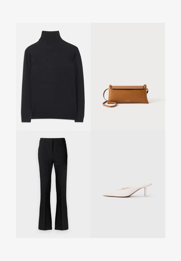 Melns augstais kakls džemperis no mīksta auduma. Tam ir garas piedurknes, augsts kakls un ribotas aproces un apakšmala, lai radītu pieguļošu izskatu.; Melnas platās bikses, izgatavotas no gluda auduma, ar piegrieztu jostas vietu un priekšējo krokas, paredzētas pieguļoša silueta veidošanai.; Punktveidīgi baltie mūļi ar zemu stiletto papēdi. Izgatavoti no gludas materiāla ar minimālistisku dizainu un smalku brūnganu zoles akcentu.; Brūna ādas rokassoma, taisnstūra forma, teksturēta virsma, noņemams siksniņas, rāvējslēdzēja aizdare, diskrēta logo iespiesta priekšpusē.