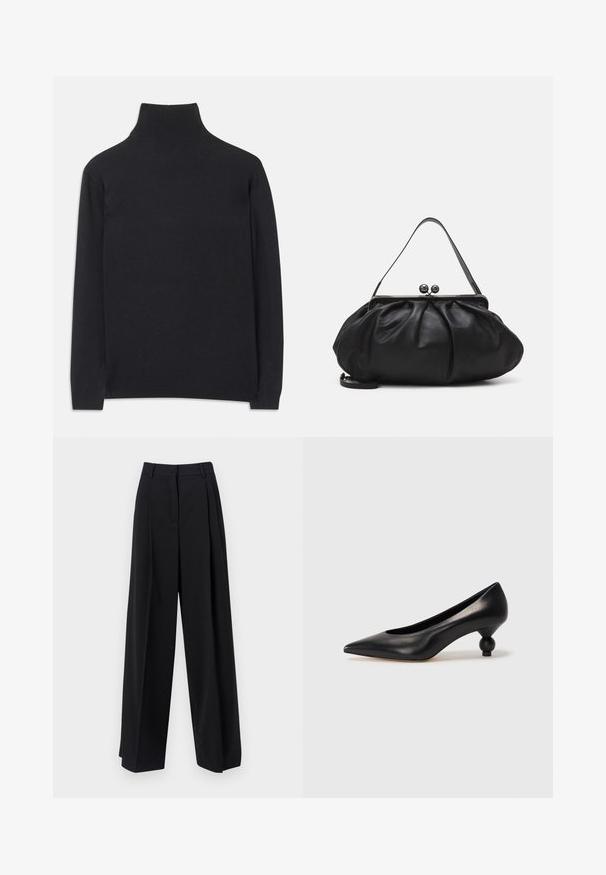 Black turtleneck sweater made of soft fabric. Features long sleeves, a high neck, and ribbed cuffs and hem for a fitted look.; Weekend Max Mara BAIOCCO - Trousers - black; Black leather high heel shoe with a pointed toe and a round, balled heel. Smooth texture with a sleek, minimal design.; Black leather handbag with a rounded, pleated design. Features a metallic clasp with two decorative balls and a slim, detachable strap.