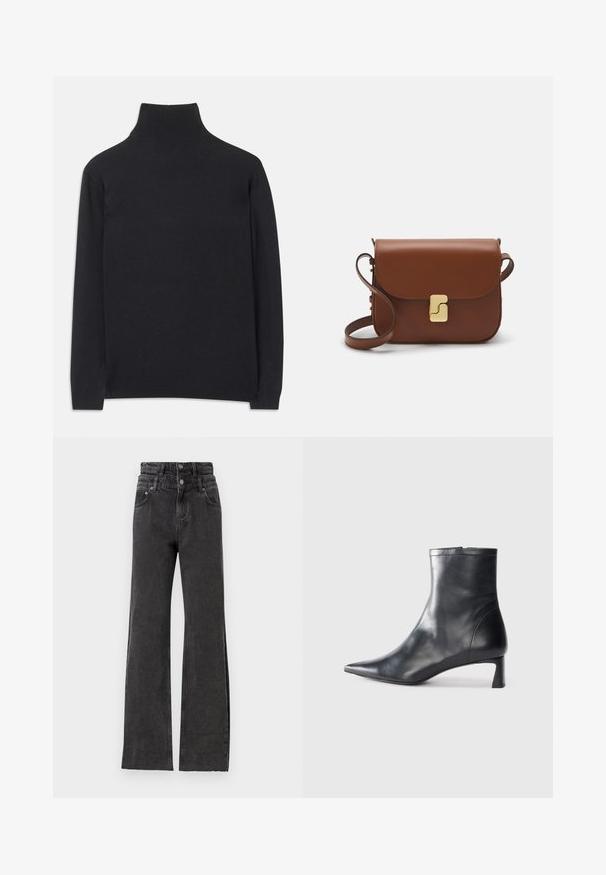 Maglione a collo alto nero realizzato in tessuto morbido. Caratterizzato da maniche lunghe, un collo alto e polsini e orlo a coste per un look aderente.; Jeans neri a vita alta con un design a gamba dritta, dettagli leggermente strappati e chiusura con bottone in metallo in vita.; Stivaletto in pelle nera con punta affusolata e design elegante. Presenta un tacco basso e una chiusura con zip sul retro. Texture liscia.; Borsa a tracolla in pelle marrone con chiusura a pattina, hardware color oro, tracolla e una finitura liscia. Forma rettangolare compatta.