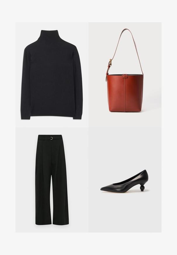 Black turtleneck sweater made of soft fabric. Features long sleeves, a high neck, and ribbed cuffs and hem for a fitted look.; Black wide-leg trousers made of a smooth fabric, featuring a belt with a silver buckle, pleats at the front, and a straight hem.; Black leather high heel shoe with a pointed toe and a round, balled heel. Smooth texture with a sleek, minimal design.; Brown leather bucket bag with adjustable shoulder strap and gold-tone buckle, simple vertical seam detail on front.