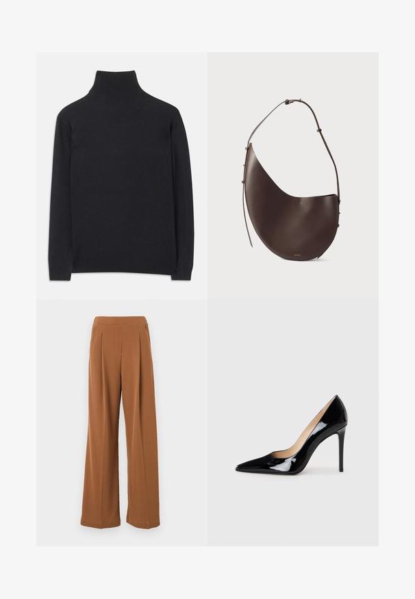 Fekete garbó pulóver puha anyagból. Hosszú ujjakkal, magas nyakkal és bordázott mandzsettákkal, valamint aljjal rendelkezik, ami karcsú megjelenést kölcsönöz.; Max Mara Leisure EUCLIDE - Nadrágok - cuoio; Fekete lakkbőr magas sarkú pumpa hegyes orral és elegáns sziluettel. Simább, fényes felülettel és karcsú tűsarokkal rendelkezik.; Barna bőr kézitáska ívelt formával, egyszálú pánttal és minimalista dizájnnal. Diszkrét logóval és arany színű fém részekkel rendelkezik.