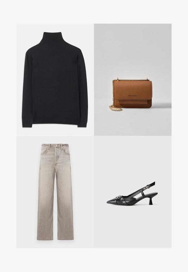 Črn pulover z visoko ovratnikom, izdelan iz mehkega materiala. Ima dolge rokave, visoko ovratnik ter rebraste manšete in rob, kar daje prilegajoč videz.; Široke hlače iz svetlo sive denimske tkanine, ki imajo utrujen izgled, pet žepov, sprednje zapiranje na gumb in loops za pas.; Črne usnjene sandale središnje zaponke z ostro konico, okrasnimi trakovi z kovinskimi očesi in nizko blokasto peto. Teksturirana površina.; Rjava teksturirana usnjena torba čez ramo z zlatim verižnim trakom in zapiranjem na pokrov. Spredaj je vidna podrobnost logotipa in žep pod pokrovom.