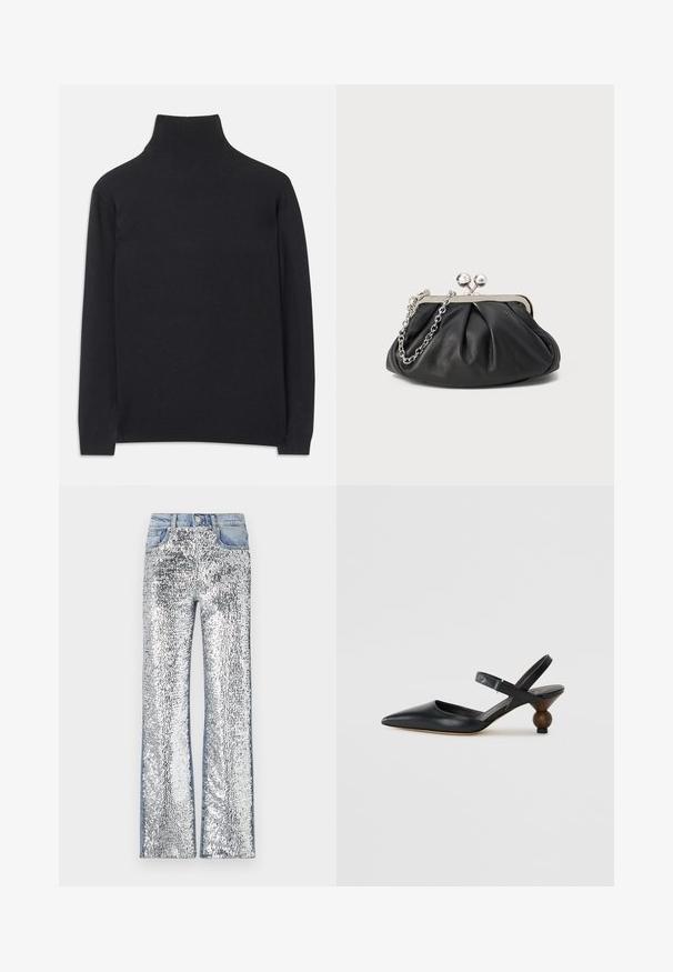 Melns augstais kakls džemperis no mīksta auduma. Tam ir garas piedurknes, augsts kakls un ribotas aproces un apakšmala, lai radītu pieguļošu izskatu.; Sudraba paildzinātas džinsi ar platām kājām, kurām ir džinsa josta un sāni, veidojot teksturētu, atstarojošu virsmu.; Melnas ādas siksniņu kurpes ar smailu purngalu, izliektu dizainu un apaļu koka līdzīgu papēdi. Iekļauta šaura potītes siksna.; Melnas ādas roku soma ar sakrautām tekstūrām, sudraba toņu metāla rāmis, skavas aizdare un ķēdes siksna. Gluda, maiga virsma.