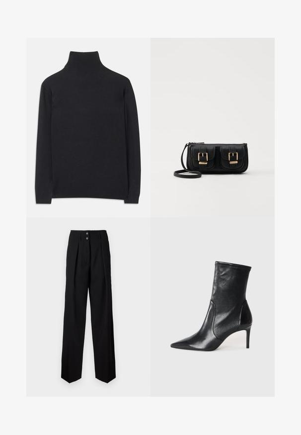 Crna rolka izrađena od mekanog materijala. Ima duge rukave, visoki ovratnik te rebraste rukave i donji rub za prilagodljiv izgled.; Crne široke hlače s visokim strukom, dvostrukim kopčanjem i prednjim naborima. Napravljenje od teksturirane tkanine, sa ravnim rubovima.; Crne gležnjače od glatke kože, s uskim vrhom, prilagođenom cijevi i tankim visokim potpeticama. Minimalistički dizajn bez vidljivih metalnih dijelova.; Crna kožna torba preko ramena s dva prednja džepa, zlatnim kopčama, zatvaranjem na zip i uskim remenom. Teksturirana površina i kompaktan pravokutan oblik.