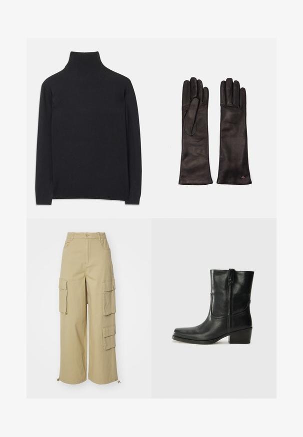Suéter preto de gola alta feito de um tecido macio. Apresenta mangas longas, uma gola alta, e punhos e bainha canelados para um ajuste ajustado.; Calças cargo bege com pernas largas, dois grandes bolsos laterais, bolsos frontais e um detalhe de cordão na barra. Tecido misto de algodão.; Bota de tornozelo em couro preto com bico arredondado, salto bloco, fecho lateral e detalhes em costura na parte frontal. Textura suave, design clássico.; Weekend Max Mara SENAPE - Luvas - nero; Weekend Max Mara SENAPE - Luvas - nero