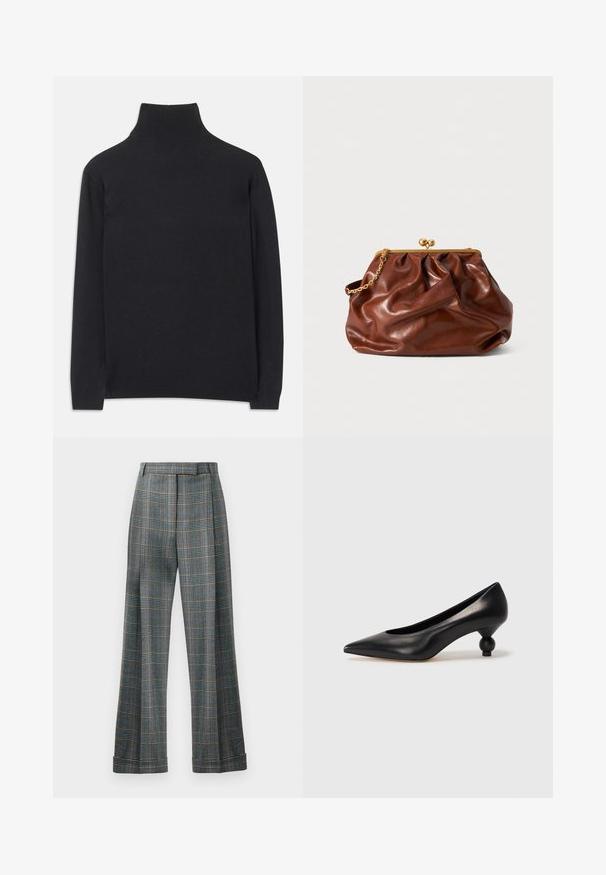 Fekete garbó pulóver puha anyagból. Hosszú ujjakkal, magas nyakkal és bordázott mandzsettákkal, valamint aljjal rendelkezik, ami karcsú megjelenést kölcsönöz.; Kockás nadrág kék, szürke és narancssárga színkombinációval, széles lábakkal és éles gyűrődésekkel; texturált anyagból készült.; Fekete bőr magassarkú cipő, hegyes orral és kerek, gömbölyű sarokkal. Simább textúrával, elegáns, minimalista dizájnnal.; Barna bőr klutcs táska arany csattal és rövid arany lánckarral, puha, összegyűrt textúrával, fehér háttér előtt.