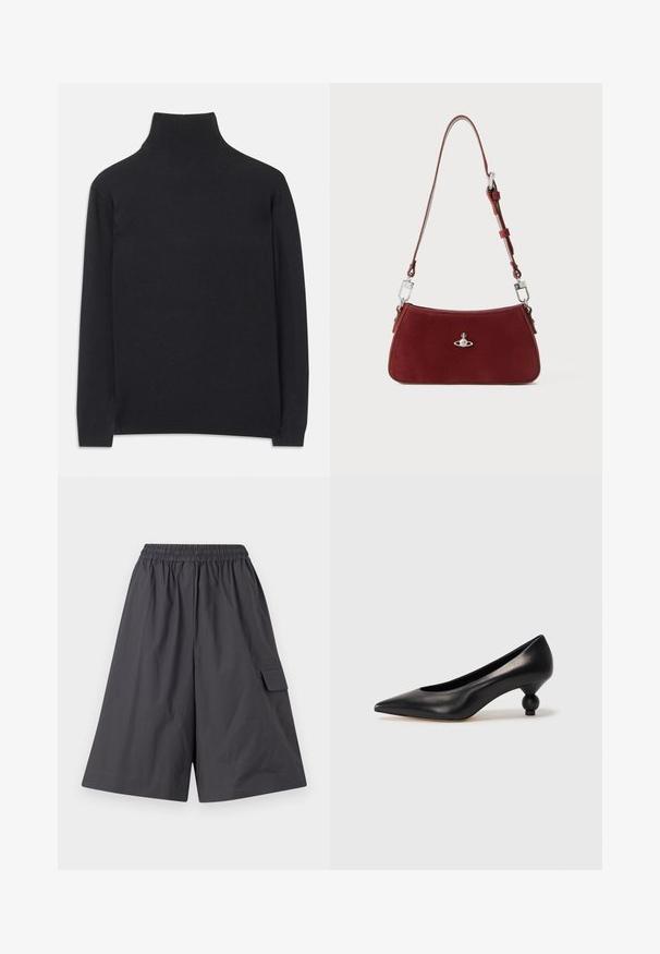 Μαύρο πουλόβερ με φανέλα από μαλακό ύφασμα. Διαθέτει μακριά μανίκια, ψηλό λαιμό και ριμπ κορδόνια και στρίφωμα για εφαρμοστή εμφάνιση.; Σκούρο γκρι σορτσάκι με ελαστική ζώνη, επίπεδη πρόσοψη και πλαϊκή τσέπη cargo. Κατασκευασμένο από ελαφρύ ύφασμα. Χαλαρή, φαρδιά σχεδίαση ποδιών.; Μαύρο δερμάτινο ψηλοτάκουνο παπούτσι με μυτερή μύτη και στρογγυλή, μπαλαρίνα σόλα. Λείο υλικό με κομψό, μινιμαλιστικό σχέδιο.; Κόκκινη σουέτ τσάντα ώμου με καμπυλωτό σχήμα. Διαθέτει μεταλλική ασημένια λεπτομέρεια και ρυθμιζόμενο λουρί με λεπτομέρειες από μέταλλο. Απαλή υφή.