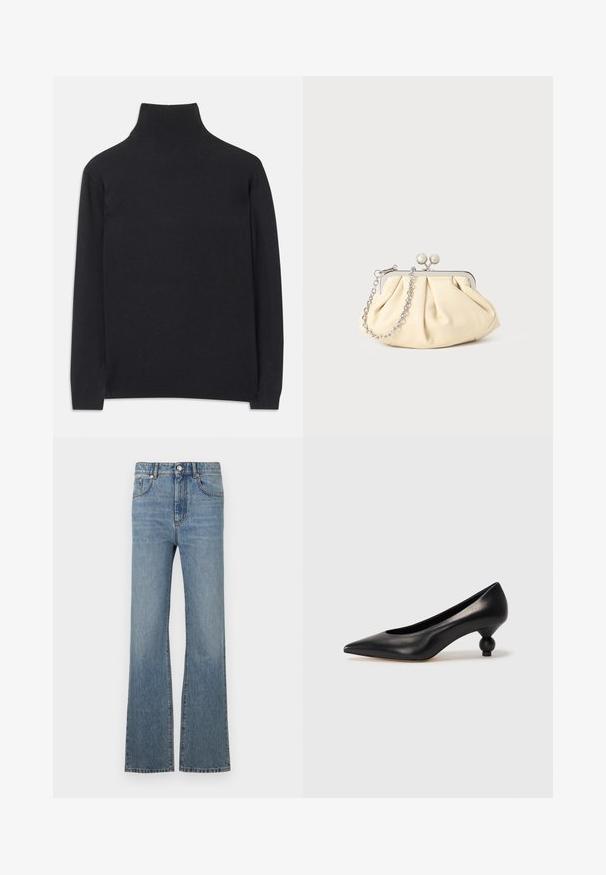 Μαύρο πουλόβερ με φανέλα από μαλακό ύφασμα. Διαθέτει μακριά μανίκια, ψηλό λαιμό και ριμπ κορδόνια και στρίφωμα για εφαρμοστή εμφάνιση.; Ανοιχτό γαλάζιο τζιν παντελόνι με καμπάνα, ψηλή μέση, μπροστινές τσέπες και αντίθετη ραφή. Απλός σχεδιασμός με κλασικό κούμπωμα.; Μαύρο δερμάτινο ψηλοτάκουνο παπούτσι με μυτερή μύτη και στρογγυλή, μπαλαρίνα σόλα. Λείο υλικό με κομψό, μινιμαλιστικό σχέδιο.; Πτυχωτό μπεζ δερμάτινο τσαντάκι με ασημένιο μεταλλικό πλαίσιο, διαθέτοντας δύο στρογγυλούς διακοσμητικούς κλειστές και μια ασημένια αλυσίδα.