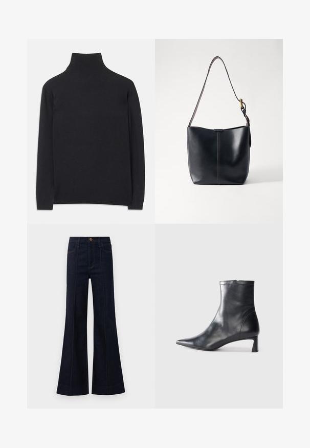 Pull à col roulé noir en tissu doux. Il dispose de manches longues, d'un col montant et de bords côtelés pour un look cintré.; Jean flare en denim bleu foncé avec une taille haute, des poches avant et des coutures visibles. Le tissu a une texture lisse et une forme structurée.; Bottine en cuir noir avec un bout pointu et un design épuré. Présente un petit talon et une fermeture éclair à l'arrière. Texture lisse.; Sac à épaule en cuir noir avec une texture lisse, doté d'une fine bandoulière longue et d'un discret détail cousu au centre.