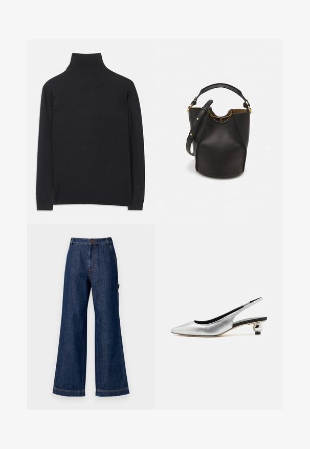 Melns augstais kakls džemperis no mīksta auduma. Tam ir garas piedurknes, augsts kakls un ribotas aproces un apakšmala, lai radītu pieguļošu izskatu.; Platas kāju džinsi tumši indigo krāsā. Iezīme standarta josta ar pogu, sānu kabatām un taisnām apakšmalām. Klasiskā piecu kabatu dizains.; Sudraba metāla slingback zābaki ar norādītu purngalu, elegantu dizainu un unikālu ģeometrisku papēdi. Gluda tekstūra un minimālistiski akcenti.; Melnas ādas spainīša somas ar teksturētu apdari, zelta metāla aksesuāriem un atvērtu augšu. Piedāvā īsu rokturi un regulējamu plecu siksnu.
