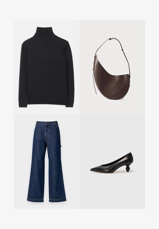 Black turtleneck sweater made of soft fabric. Features long sleeves, a high neck, and ribbed cuffs and hem for a fitted look.; Wide-leg denim trousers in dark indigo. Features standard waistband with button, side pockets, and straight hems. Classic five-pocket design.; Black leather high heel shoe with a pointed toe and a round, balled heel. Smooth texture with a sleek, minimal design.; Brown leather handbag with a curved shape, single strap, and minimalistic design. Features a subtle logo and gold hardware accents.