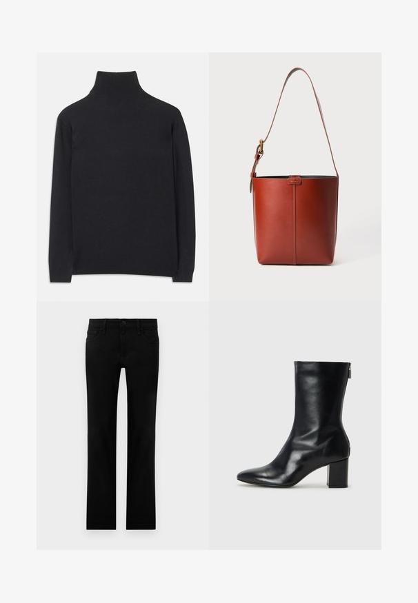 Fekete garbó pulóver puha anyagból. Hosszú ujjakkal, magas nyakkal és bordázott mandzsettákkal, valamint aljjal rendelkezik, ami karcsú megjelenést kölcsönöz.; Fekete, slim fit farmernadrág elöl gombbal, cipzárral és öt zsebes dizájnnal, fehér háttér előtt laposan elhelyezve.; Fekete bőr bokacipő hegyes orral és 4 cm-es blokkfallal. Simán díszített designja oldalra nyíló cipzárral rendelkezik, ami megkönnyíti a felvételt. Simább textúrával.; Barna bőr vödör táska állítható vállpánttal és aranyszínű csattal, egyszerű függőleges varrással az elején.