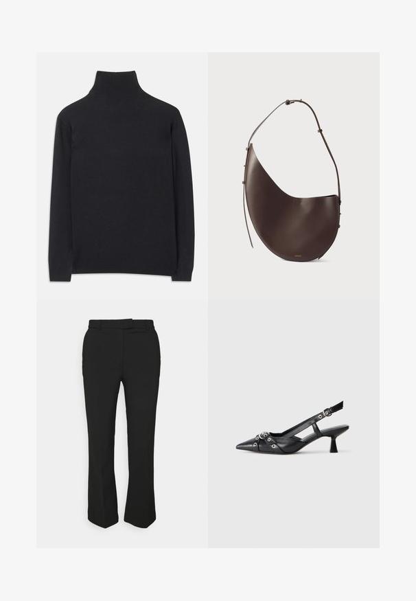 Črn pulover z visoko ovratnikom, izdelan iz mehkega materiala. Ima dolge rokave, visoko ovratnik ter rebraste manšete in rob, kar daje prilegajoč videz.; Črne krojene hlače s ravnim krojem, z nožicami za pas in stranskimi žepi. Narejene iz gladkega materiala z čistim zaključkom.; Črne usnjene sandale središnje zaponke z ostro konico, okrasnimi trakovi z kovinskimi očesi in nizko blokasto peto. Teksturirana površina.; Rjava usnjena torbica s ukrivljeno obliko, enojnim ročajem in minimalističnim dizajnom. Ima subtilen logotip in zlate kovinske dodatke.
