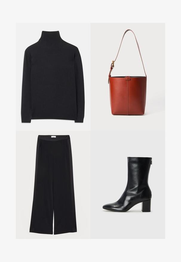 Must zwart pullovers, mis pehmeast kangast. Omab pikki varrukaid, kõrget kaelanupukest ning soonikute äärte ja alläärtega, et tagada mugav istuvus.; Laiad mustad püksid siledast kangast, millel on lame vöökoht, voldid ja küljetaskud. Puhtad jooned minimaalsete detailidega.; Must musta ankle boot teravaid varvastega ja 4 cm plokknõela. Suurepärase disainiga, millel on külgrihm lihtsaks läbi panemiseks. Sile tekstuur.; Pruun nahast ämbri kott reguleeritava õlavööga ja kuldse määrdega, lihtne vertikaalne õmblusdetail ees.