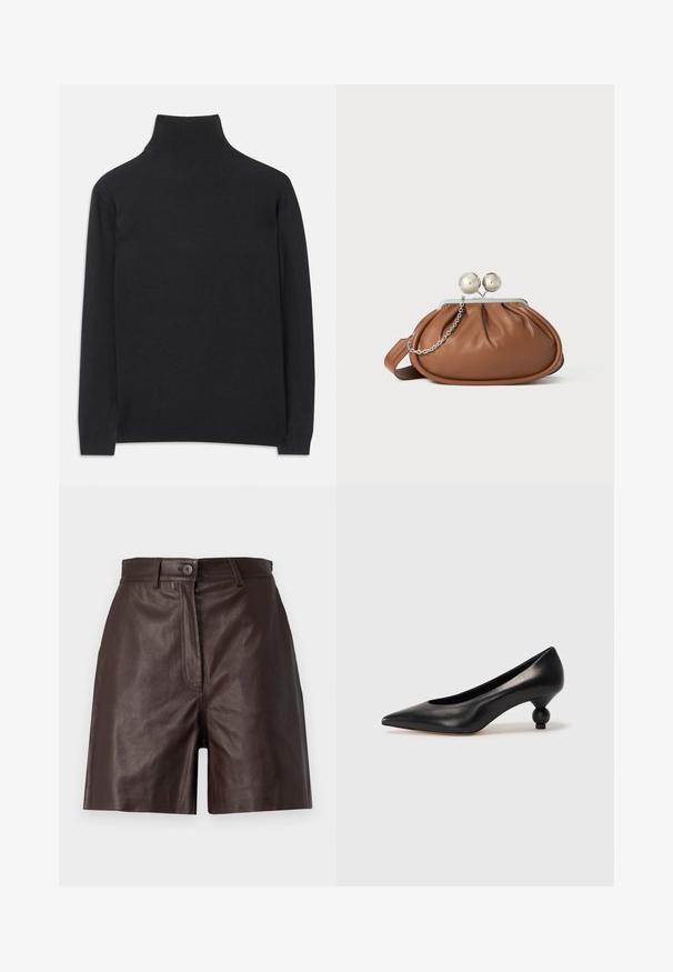 Zwarte coltrui gemaakt van zacht materiaal. Heeft lange mouwen, een hoge hals, en ribbelachtige boorden en onderkant voor een aansluitende look.; WEEKEND MaxMara BIELLA - Shorts - testa moro; Zwarte leren hoge hak schoen met een spitse neus en een ronde, bolle hak. Gladde textuur met een elegant, minimalistisch ontwerp.; Bruine leren clutch met een zilveren balsluiting en een klein zilveren kettingdetail op een witte achtergrond.