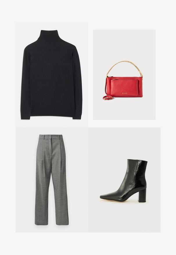 Sort turtleneck sweater lavet af blødt stof. Har lange ærmer, en høj hals, og ribbede manchetter og kant for et stramt look.; Højtaljede grå bukser med lille ternet mønster, forlæns plisseringer, bæltestropper og lige ben på hvid baggrund.; Sorte ankelstøvler lavet af blank læder med spidse tæer og en kraftig, kvadratisk hæl. Har en glat overflade og minimalistisk design.; Rød læderhåndtaske med tekstureret overflade, gylden kæde og rem, lynlåslomme foran og præget logo. Kompakt og struktureret design.
