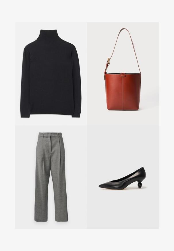 Schwarzer Rollkragenpullover aus weichem Material. Mit langen Ärmeln, einem hohen Kragen und gerippten Bündchen und Saum für einen figurbetonten Look.; Hochbundhosen in Grau mit kleinem Karomuster, Vorderfalten, Gürtelschlaufen und geradem Bein auf weißem Hintergrund.; Schwarze Leder-Pumps mit spitzem Zehenbereich und runder, ballförmiger Ferse. Glatte Textur mit einem eleganten, minimalistischen Design.; Braune Leder-Eimer-Tasche mit verstellbarem Schultergurt und goldfarbener Schnalle, einfache vertikale Nahtdetails auf der Vorderseite.