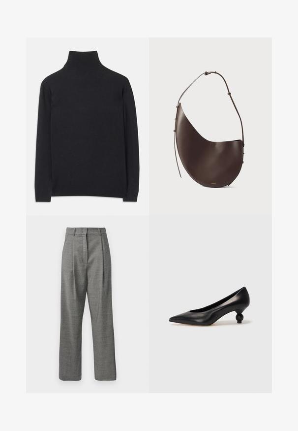 Fekete garbó pulóver puha anyagból. Hosszú ujjakkal, magas nyakkal és bordázott mandzsettákkal, valamint aljjal rendelkezik, ami karcsú megjelenést kölcsönöz.; Magas derekú, szürke nadrág kis kockás mintával, elülső redőkkel, övbújtatókkal és egyenes lábakkal fehér háttéren.; Fekete bőr magassarkú cipő, hegyes orral és kerek, gömbölyű sarokkal. Simább textúrával, elegáns, minimalista dizájnnal.; Barna bőr kézitáska ívelt formával, egyszálú pánttal és minimalista dizájnnal. Diszkrét logóval és arany színű fém részekkel rendelkezik.