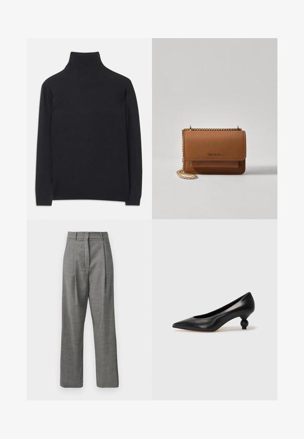 Zwarte coltrui gemaakt van zacht materiaal. Heeft lange mouwen, een hoge hals, en ribbelachtige boorden en onderkant voor een aansluitende look.; Hoge taille grijze broek met klein ruitpatroon, voorplooien, riemlussen en rechte pijpen op een witte achtergrond.; Zwarte leren hoge hak schoen met een spitse neus en een ronde, bolle hak. Gladde textuur met een elegant, minimalistisch ontwerp.; Bruine lederen schoudertas met textuur, voorzien van een gouden kettingstrap en klepsluiting. De voorkant heeft een logo-detail en een zak onder de klep.