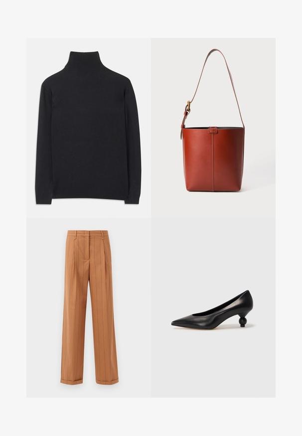 Fekete garbó pulóver puha anyagból. Hosszú ujjakkal, magas nyakkal és bordázott mandzsettákkal, valamint aljjal rendelkezik, ami karcsú megjelenést kölcsönöz.; Barna csíkos nadrág, elegáns szabással, pliszírozott részletekkel, egyenes fazonnal és felhajtott szegéllyel. Simító anyagból készült.; Fekete bőr magassarkú cipő, hegyes orral és kerek, gömbölyű sarokkal. Simább textúrával, elegáns, minimalista dizájnnal.; Barna bőr vödör táska állítható vállpánttal és aranyszínű csattal, egyszerű függőleges varrással az elején.
