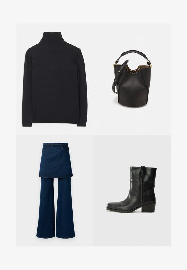 Czarny sweter z golfem wykonany z miękkiego materiału. Posiada długie rękawy, wysoki kołnierz oraz prążkowane mankiety i dół, co zapewnia dopasowany wygląd.; Dżinsy w ciemnym odcieniu z warstwowym nakładanym spódnicą, z szerokimi nogawkami i kieszeniami, wykończone czystym dołem i klasycznym przeszyciem.; Czarne skórzane botki za kostkę z okrągłym noskiem, słupkowym obcasem, bocznym zamkiem i przeszyciami na cholewce. Gładka tekstura, klasyczny design.; Czarna skórzana torebka w kształcie wiadra o teksturowanym wykończeniu, z złotymi akcentami metalowymi i otwartą górą. Posiada krótką rączkę oraz regulowany pasek na ramię.
