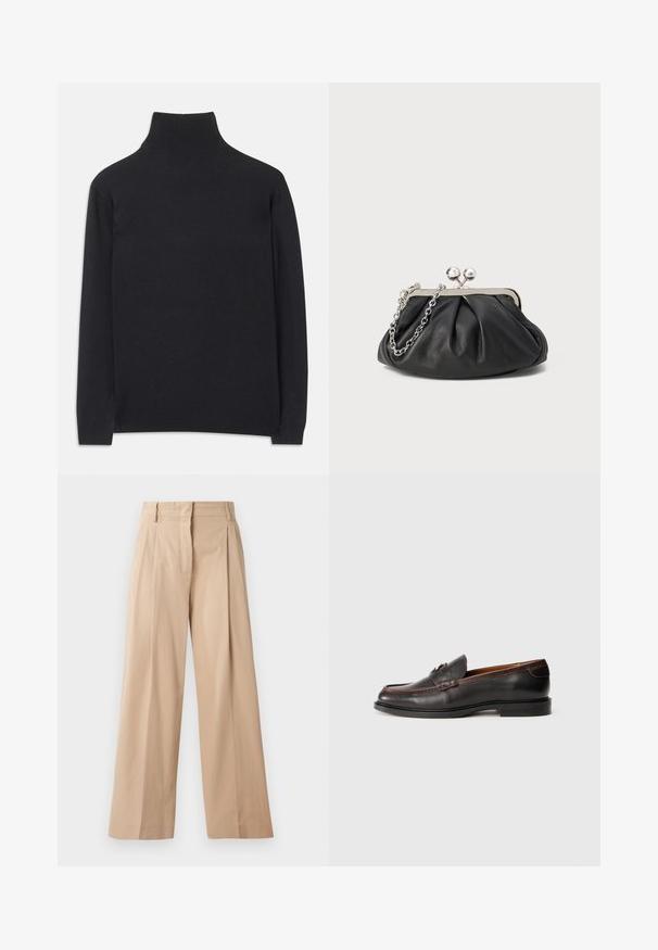 Svart høyhalset genser laget av mykt stoff. Den har lange ermer, høy hals og ribbestrikkede mansjetter og nederkant for en tettsittende look.; Lys gråbeige vide bukser lavet af glat, letvægtsstof. Har plissee foran, skræddersyet talje og lige pasform.; Sorte skinnloafers med glatt overflate, rund tå og sydd detaljer. Har en lav hæl og minimalistisk design.; Svart lær clutch med samlet tekstur, sølvfarget metallramme, smekklås og kjedehank. Glatt, myk overflate.