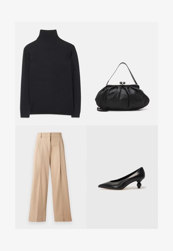 Fekete garbó pulóver puha anyagból. Hosszú ujjakkal, magas nyakkal és bordázott mandzsettákkal, valamint aljjal rendelkezik, ami karcsú megjelenést kölcsönöz.; Világos bézs színű, bő szárú nadrág sima, könnyű anyagból. Elől pliszék, fazonolt derékpánt és egyenes szabás jellemzi.; Fekete bőr magassarkú cipő, hegyes orral és kerek, gömbölyű sarokkal. Simább textúrával, elegáns, minimalista dizájnnal.; Fekete bőr kézitáska lekerekített, pliszírozott dizájnnal. Fémes zárja két dekoratív golyóval és egy vékony, lecsatolható pánttal rendelkezik.