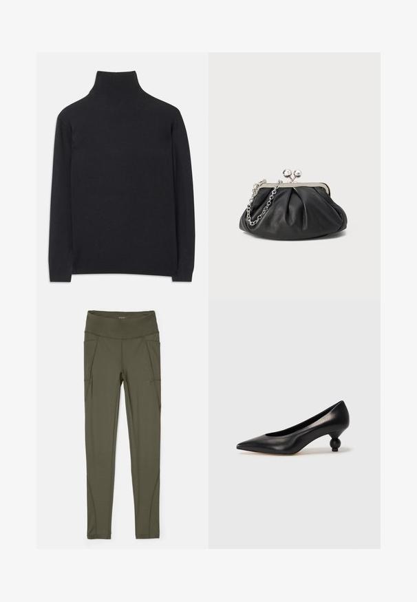 Pull à col roulé noir en tissu doux. Il dispose de manches longues, d'un col montant et de bords côtelés pour un look cintré.; Leggings vert olive fabriqués en tissu extensible, avec une taille haute, des poches latérales et des coutures sans couture pour une apparence lisse.; Chaussure à talon haut en cuir noir avec un bout pointu et un talon arrondi. Texture lisse avec un design épuré et minimal.; Porte-monnaie en cuir noir avec texture froncée, cadre en métal argenté, fermeture à verrouillage kiss-lock et bandoulière en chaîne. Surface lisse et douce.